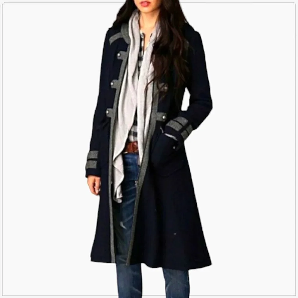 Free People Maxi Military Wool Coat Navy Gray Tweed Button Trim Winter Boho 2 - Picture 5 of 7